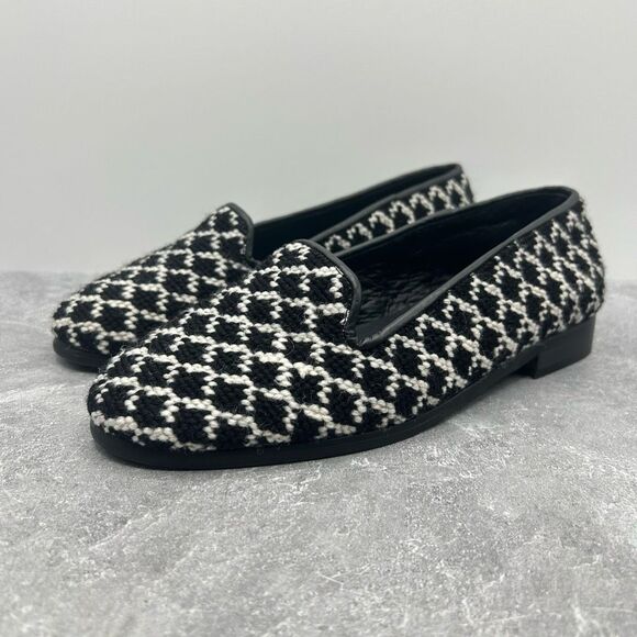 By Paige Black White Classic Needlepoint Slip On Loafer Size 6.5 Upper Wool - Picture 1 of 12